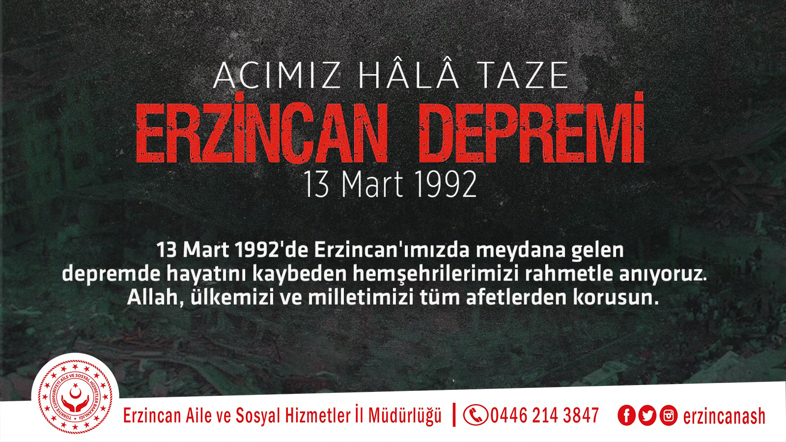İl Müdürümüz Serdar Demirci'nin 13 Mart 1992 Erzincan Depremi Yıldönümü Anma Mesajı