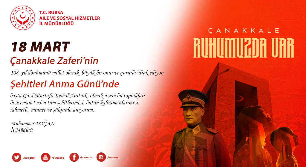 İl Müdürümüz Sayın Muhammer Doğan’ın Çanakkale Zaferi ve Şehitleri Anma Günü 108. Yıl dönümü Mesajı