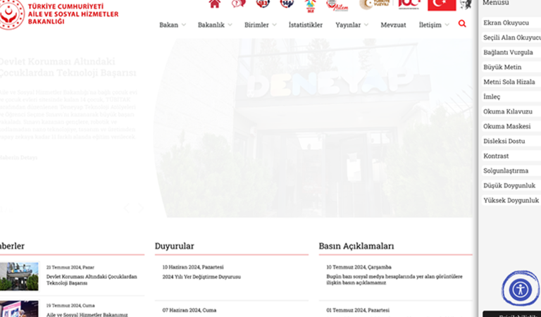 The website of the Ministry of Family and Social Services are available to the service of citizens with disability with the “Accessibility Menu”