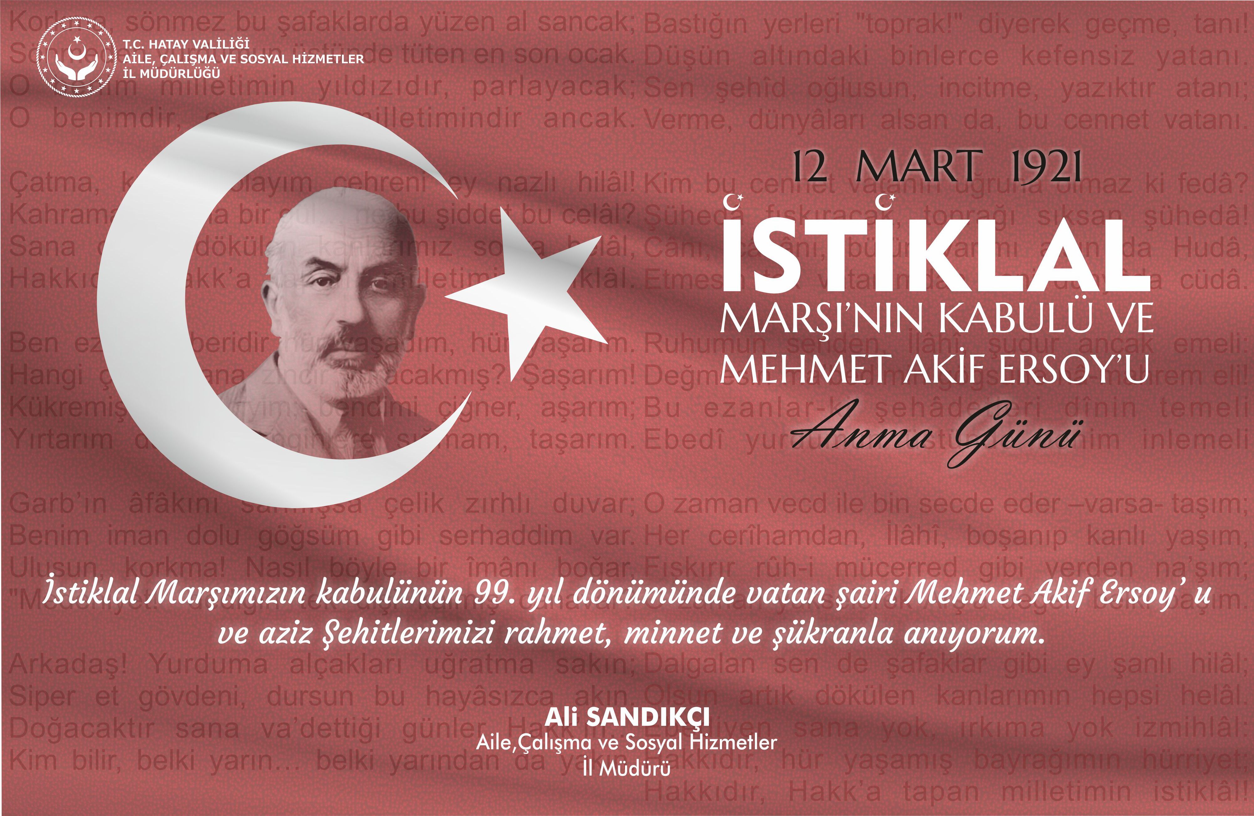 12 Mart İstiklal Marşının Kabulü ve Mehmet Akif Ersoy'u Anma Günü Mesajı
